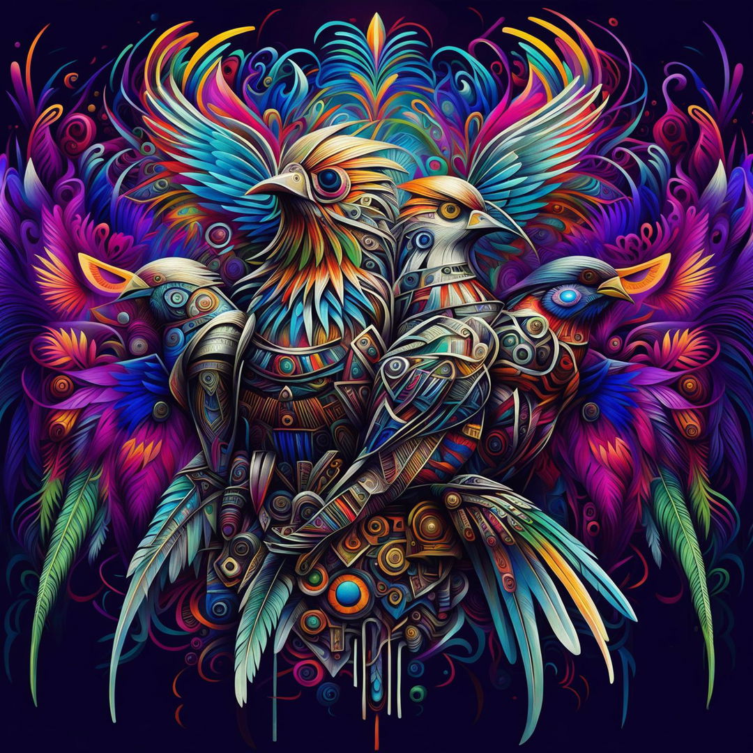 Mecha Meets Aztec: Psychedelic Birds Soar Through a Vibrant Day of the Dead Sky