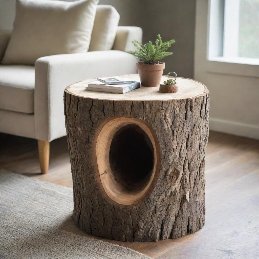 Rustic Tree Trunk Side Table with Hidden Storage