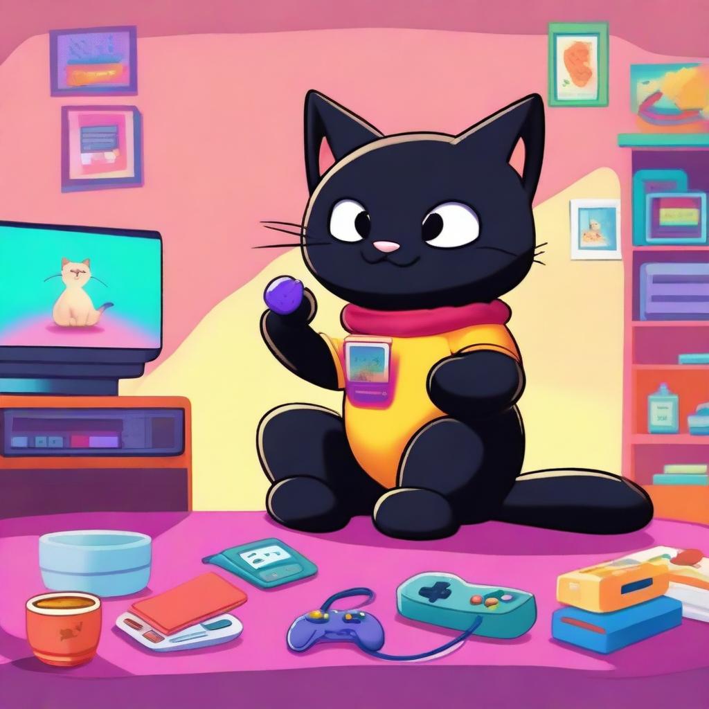 Game On: Black Cartoon Kitty in Action!