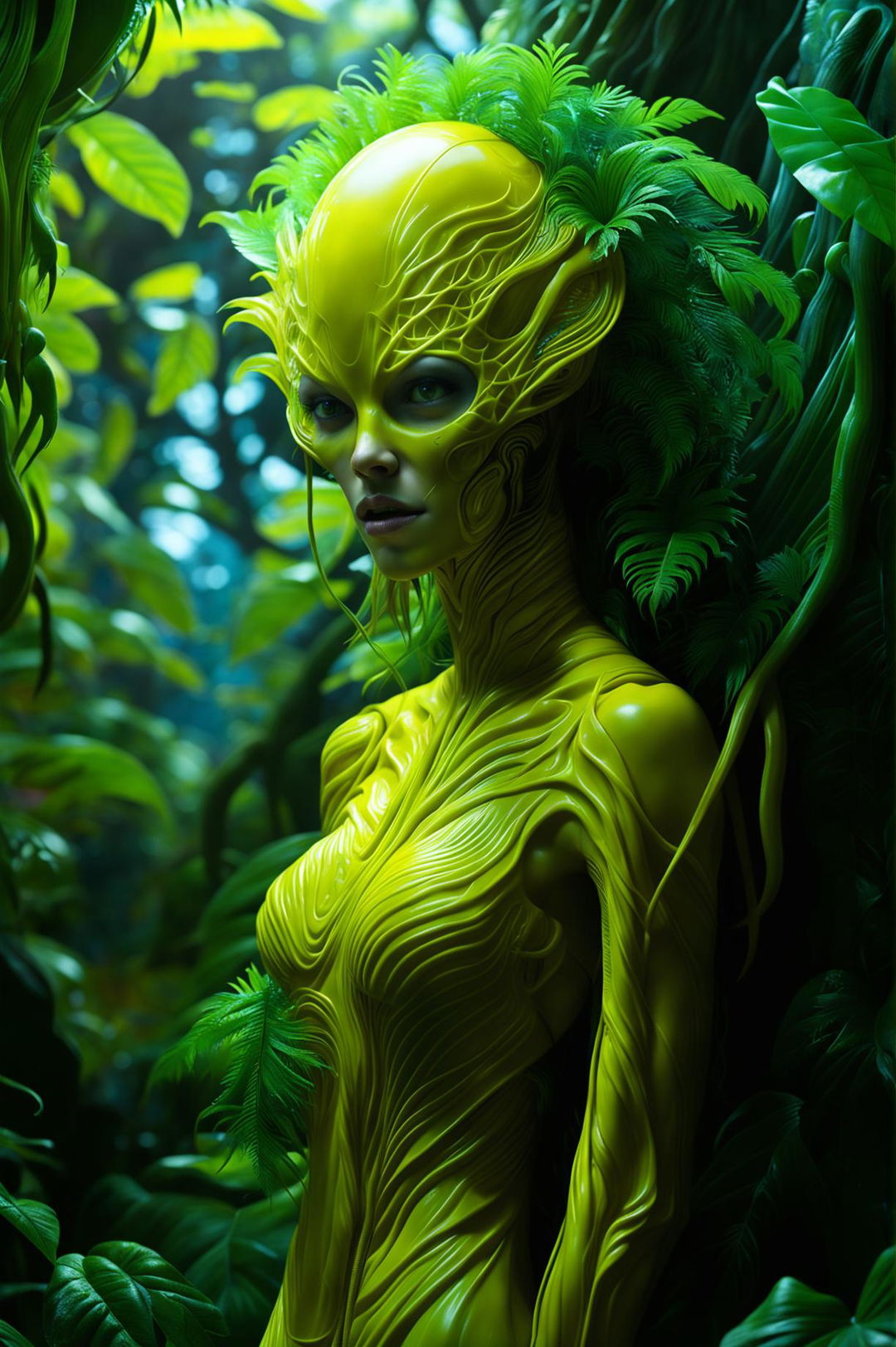 Auroras Odyssey: Yellow Alien-Human Hybrid in the Heart of the Alien Forest