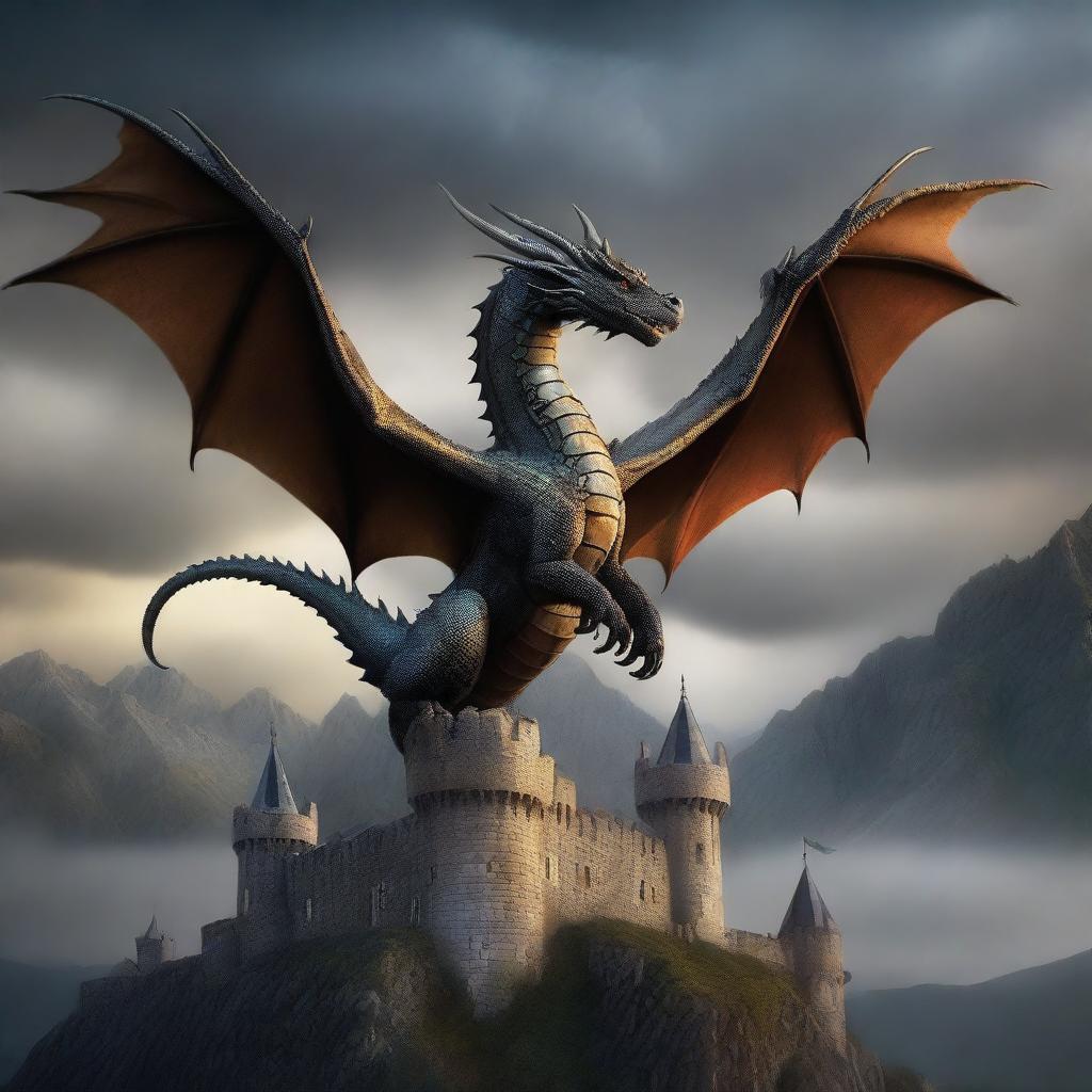 Majestic Dragon Soaring Over Medieval Splendor