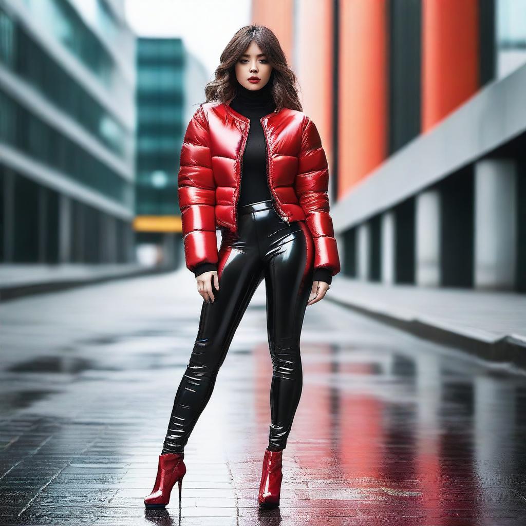 Get Ready to Turn Heads: Shiny Puffer Jacket & Red Latex Leggings