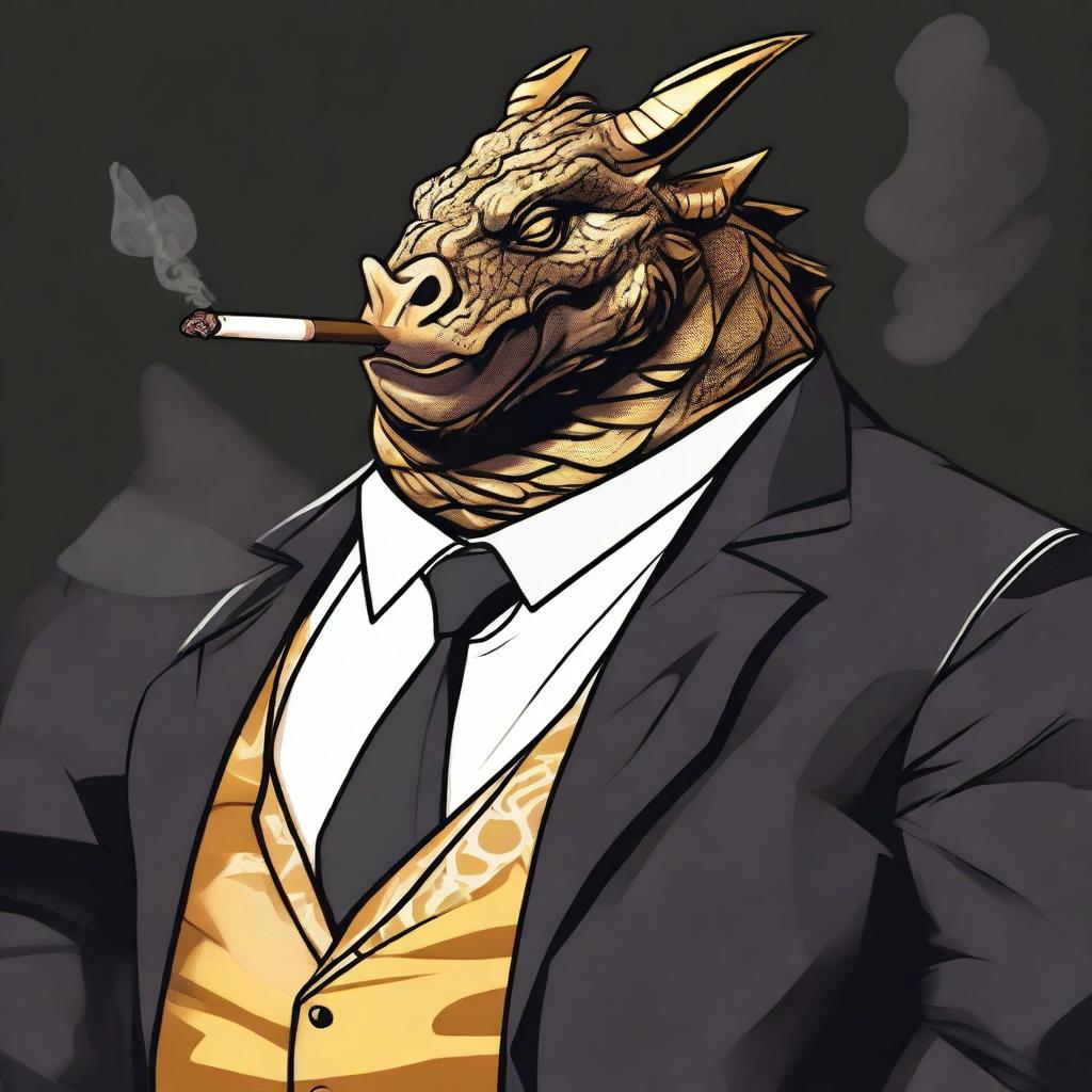 Epic Comic Art: Gold-Scaled Dragonborn in Black Suit