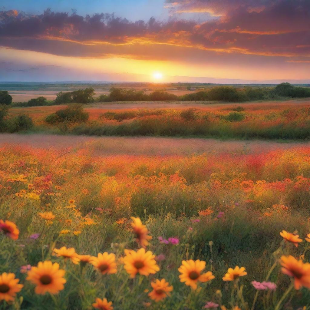Breathtaking Sunset Over Colorful Flower Field