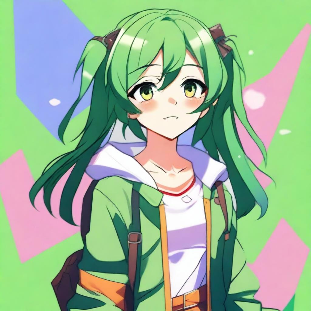 Vibrant Anime Girl with Brown Eyes & Green Hair