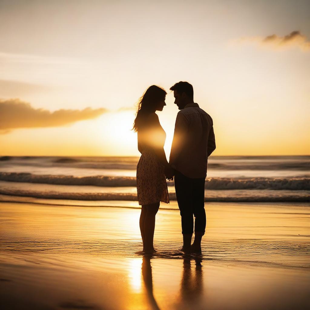 Couple Embracing Love at Sunset on the Beach