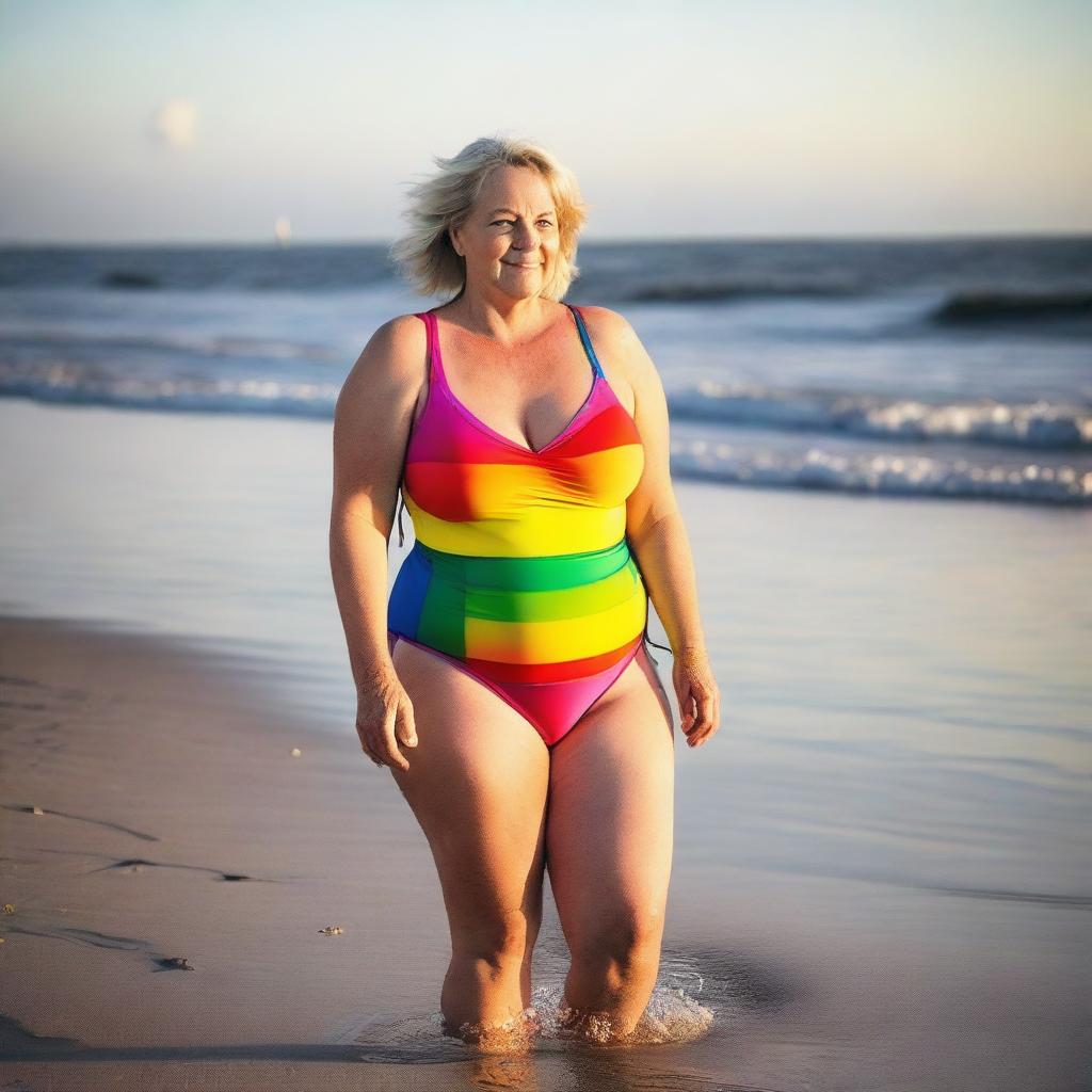 Celebrate Bold Beauty: Mature German Woman in Rainbow Swimsuit