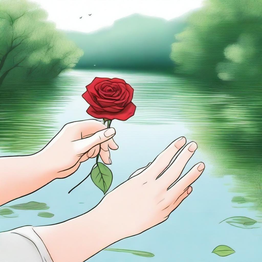 Embrace Nature: A Hand Holding a Rose by the River