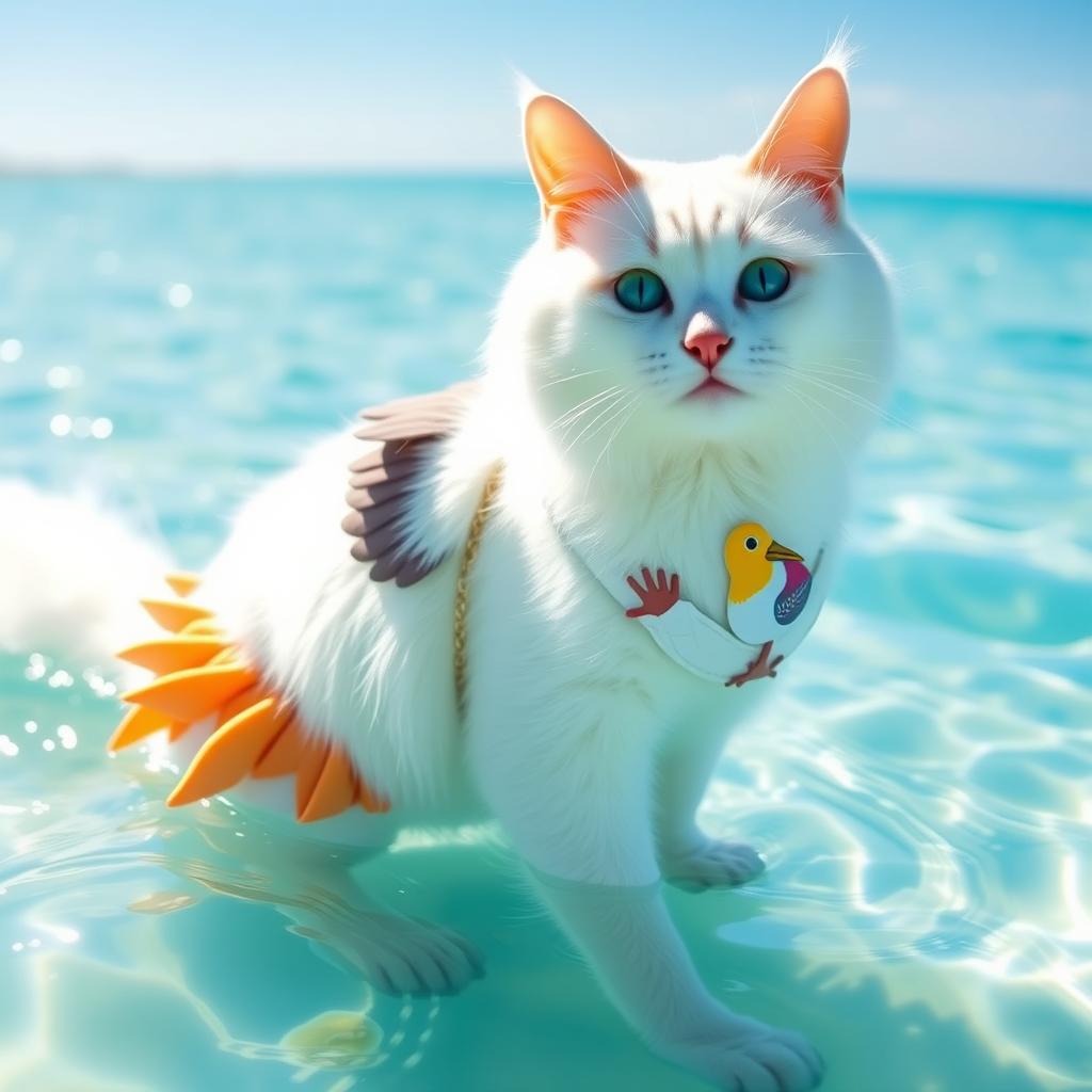 Beach Vibes: Cat in a Bird-Themed Bikini