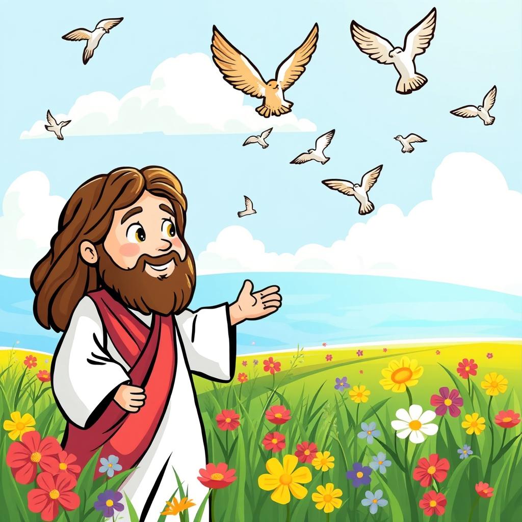 Childrens Art: Jesus in a Field with Birds