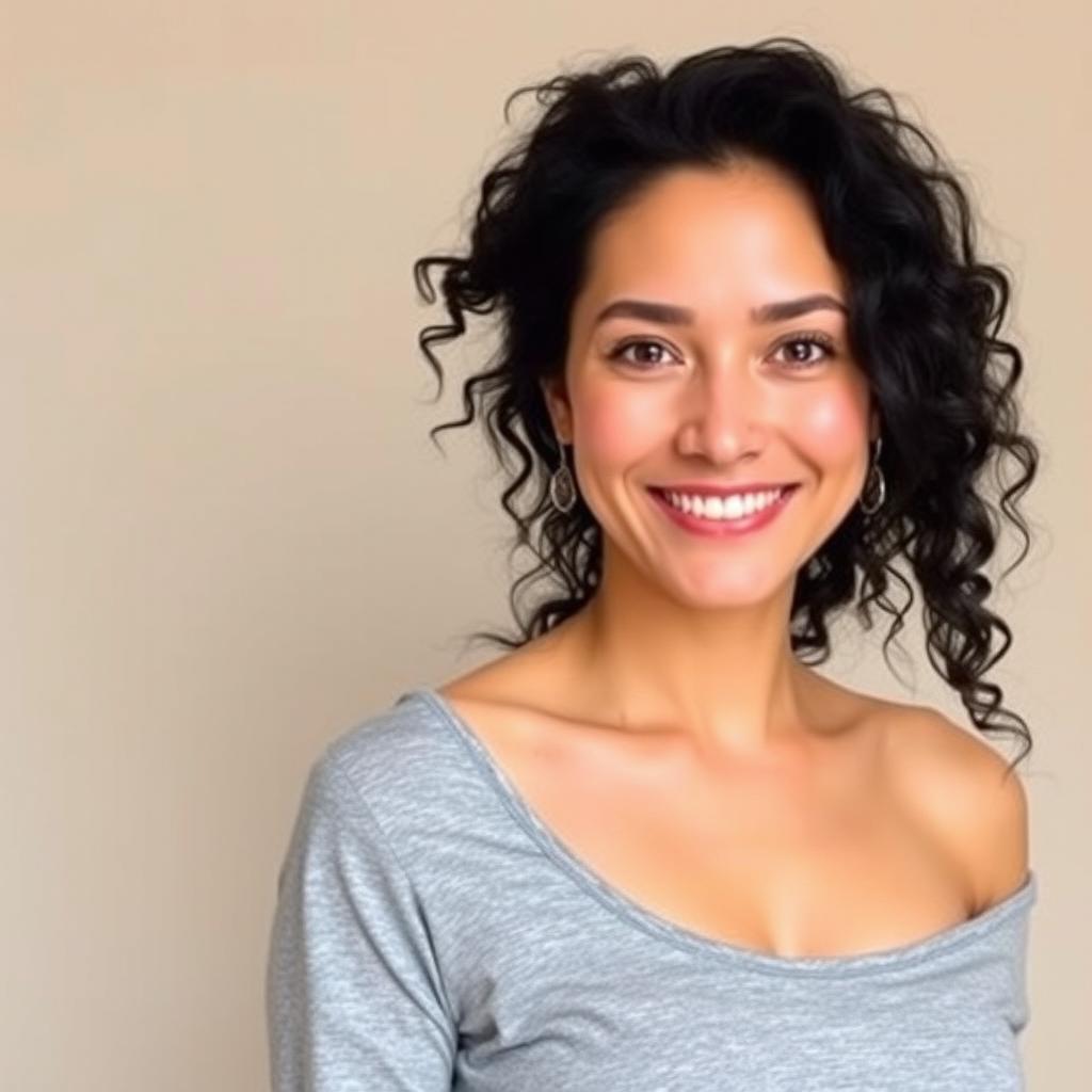 Elegant Woman with Long Curly Black Hair and Petite Figure