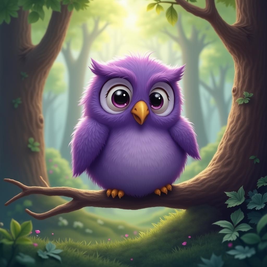 Cute Purple Owl Struggles to Balance on a Tree Branch