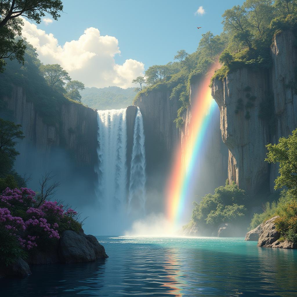 Magic Unicorn Flies Over an Enchanted Waterfall with Dolphins