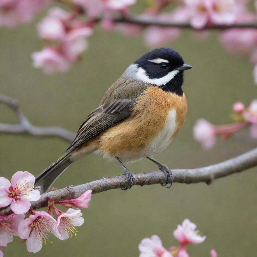 Whimsical Wonder: Fantail Bird on Cherry Blossom Branch