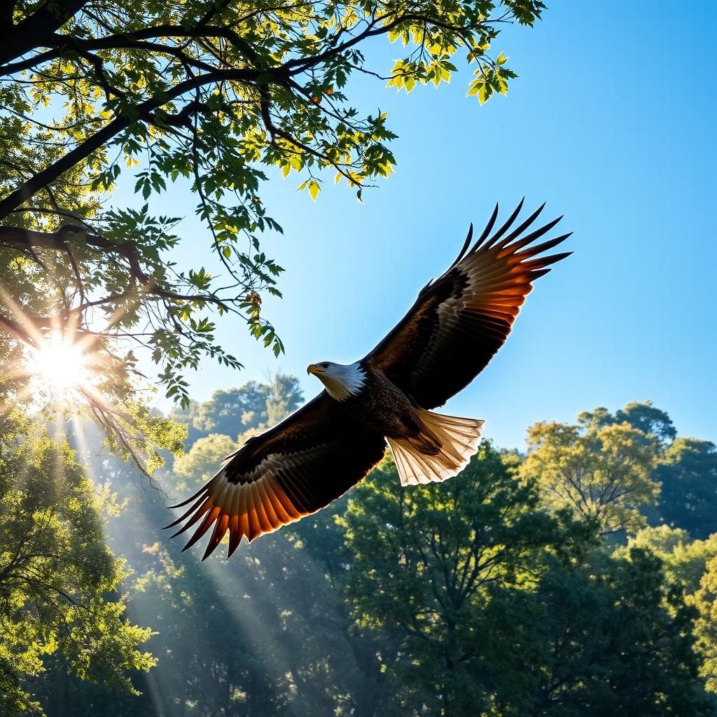Majestic Eagle Soaring Over a Densely Forested Landscape
