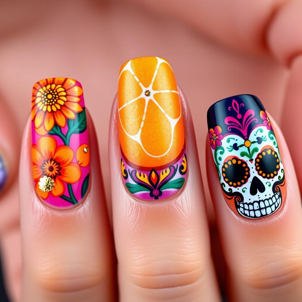 Vibrant Día de Muertos Nail Art
