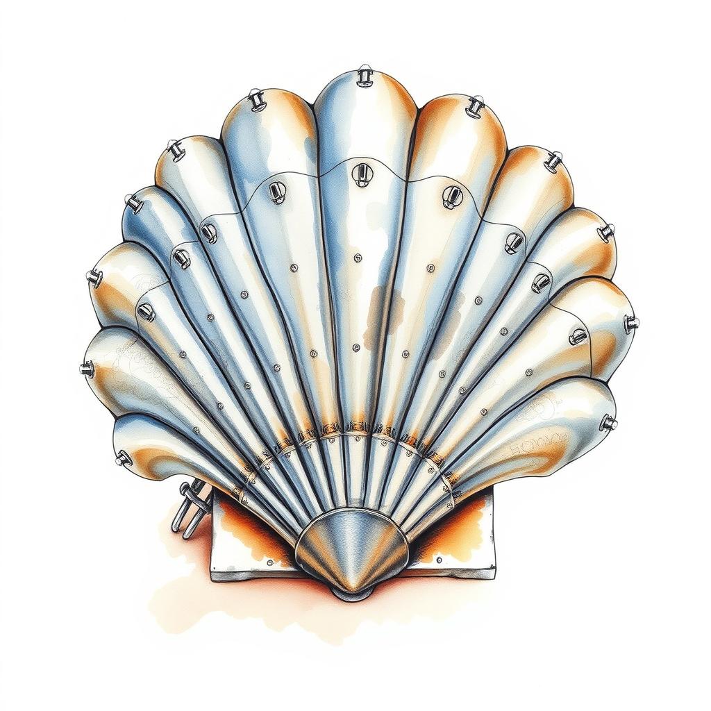 Mechanized Whimsy: Scallop Shell Steel Watercolor