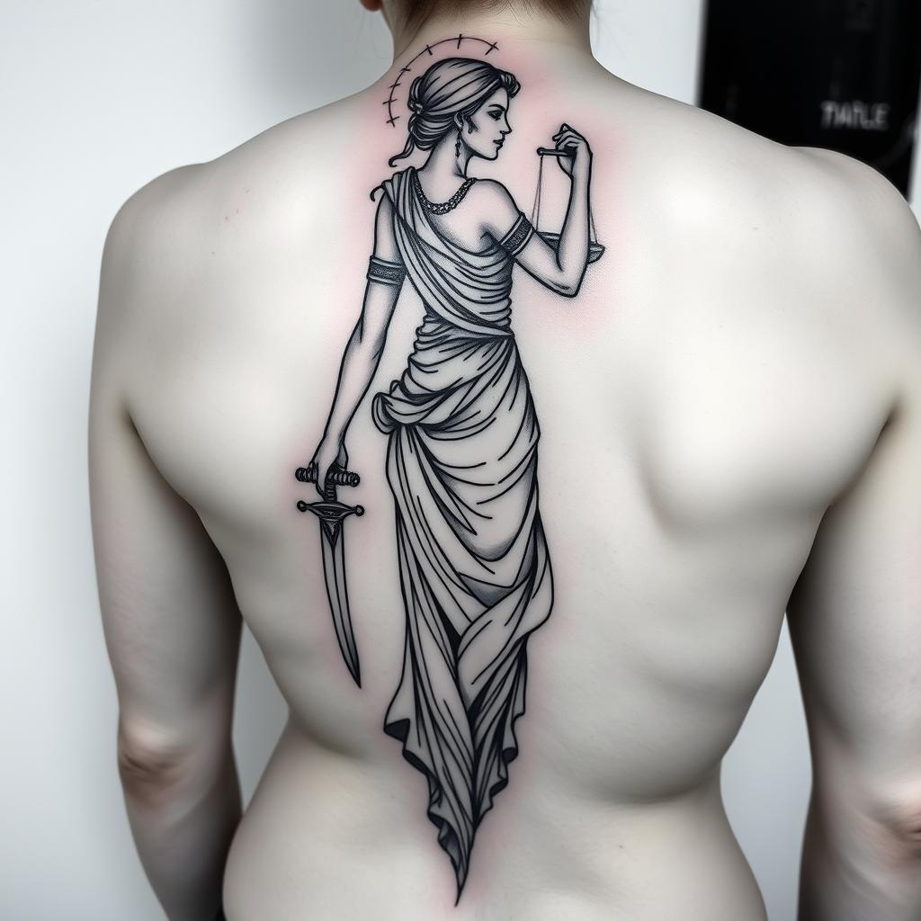 Eternal Justice: Goddess Themis Tattoo on the Back