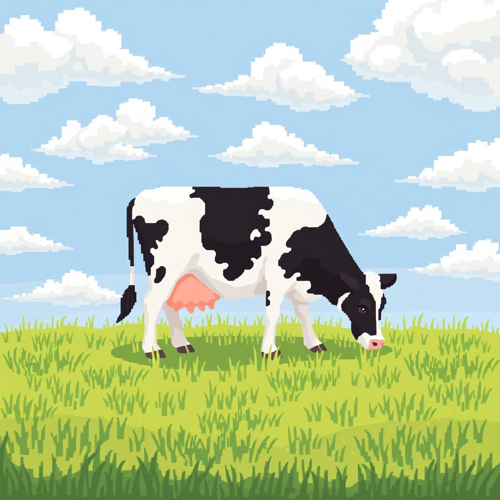 Sweet Serenity: Pixel Art Cow in a Lush Meadow