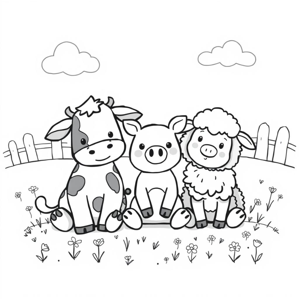 Adorable Farm Friends: A Whimsical Black and White Drawing