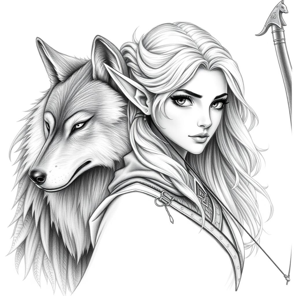 Enchanting Female Elf Archer with Loyal Wolf Companion