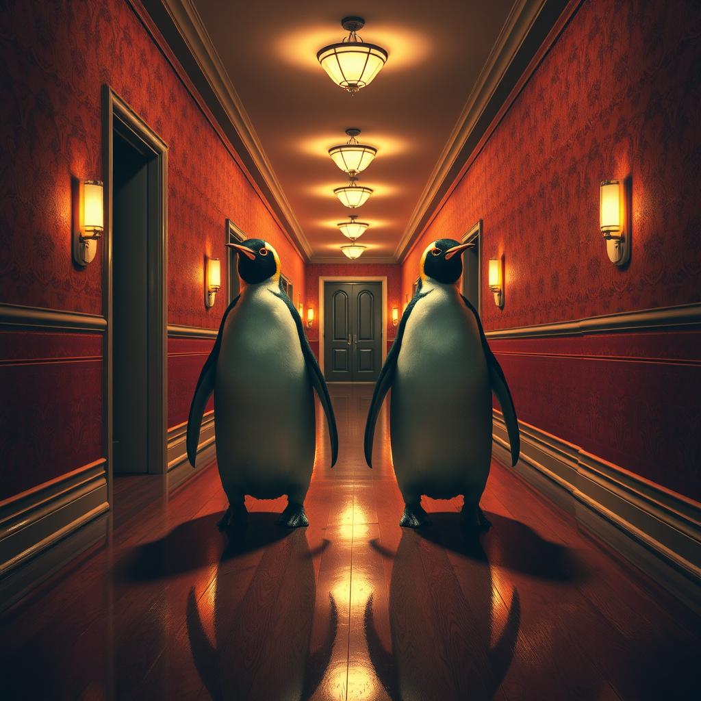 Eerie Encounter: Surreal Penguins in Hotel Corridor
