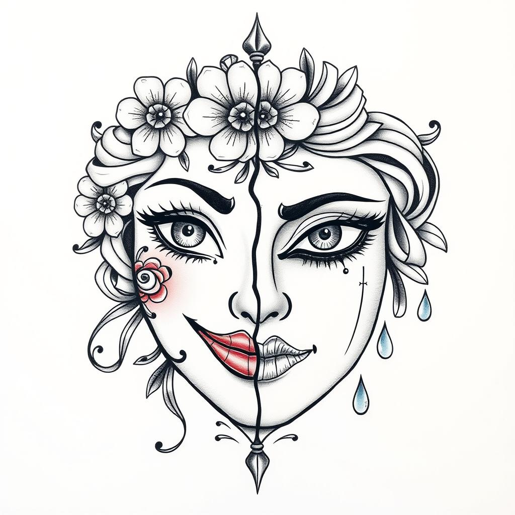 Duality in Ink: Feminine Emotion Masks Tattoo