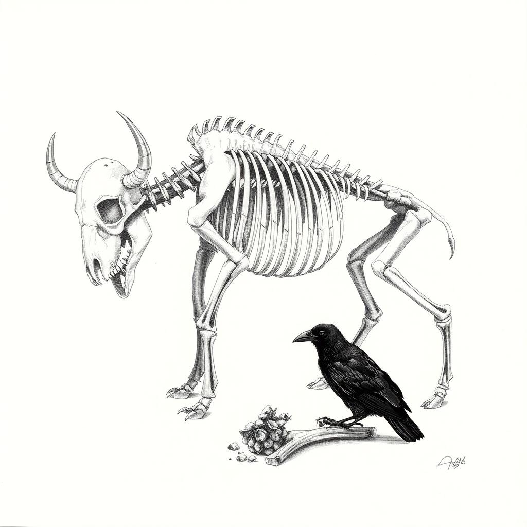 Intricate Buffalo Skeleton: A Pencil Drawing Masterpiece