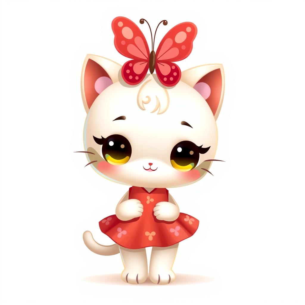 Adorable Cartoon Cat with Red Butterfly