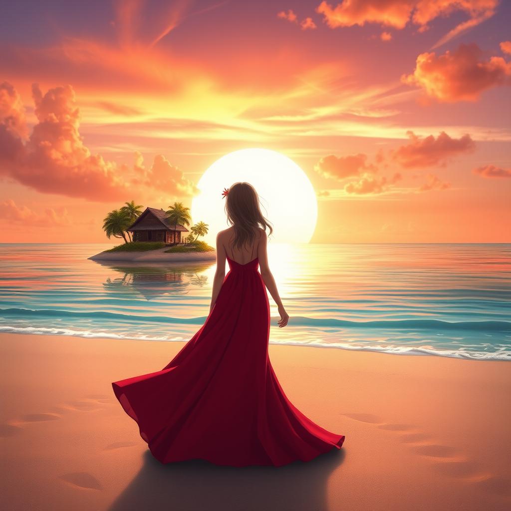 Enchanting Beach Scene: Girl in Red Dress