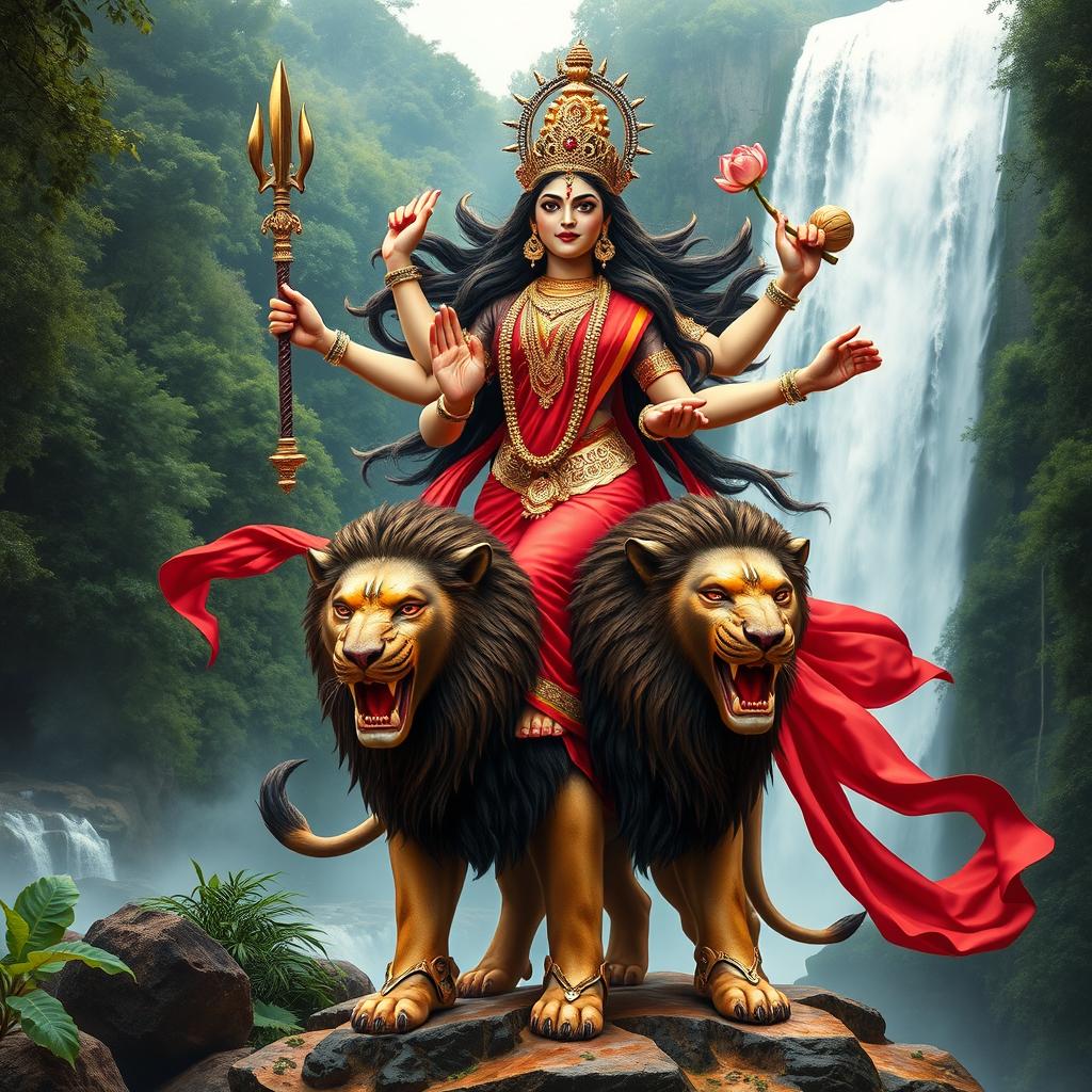 Fierce Beauty: Goddess Durga in Red Saree