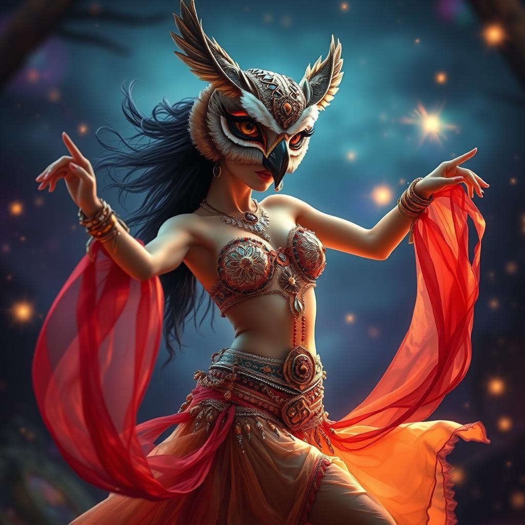Enchanted Dance: Owl-Masked Belly Dancer