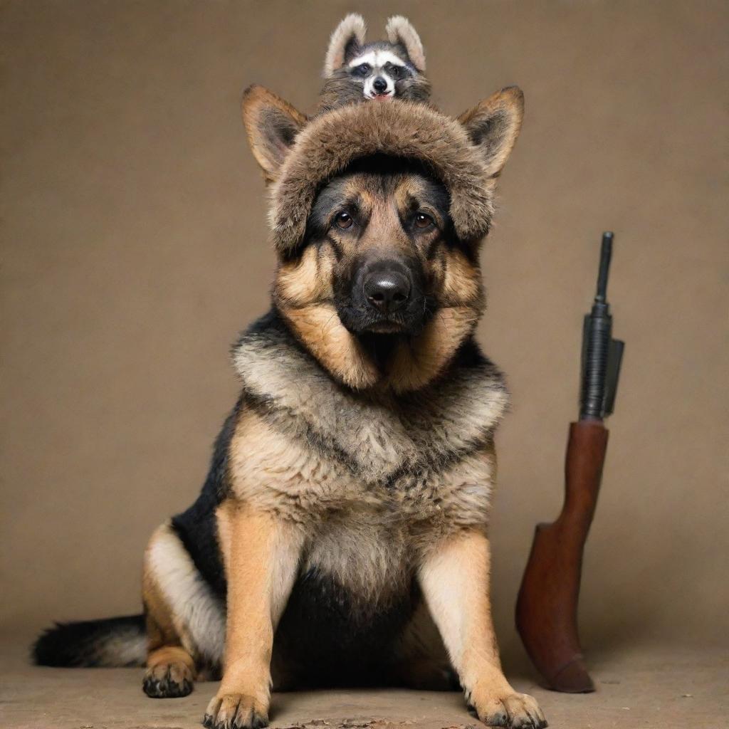Unlikely Friends: German Shepherd + Raccoon Soviet Ushanka AK-47