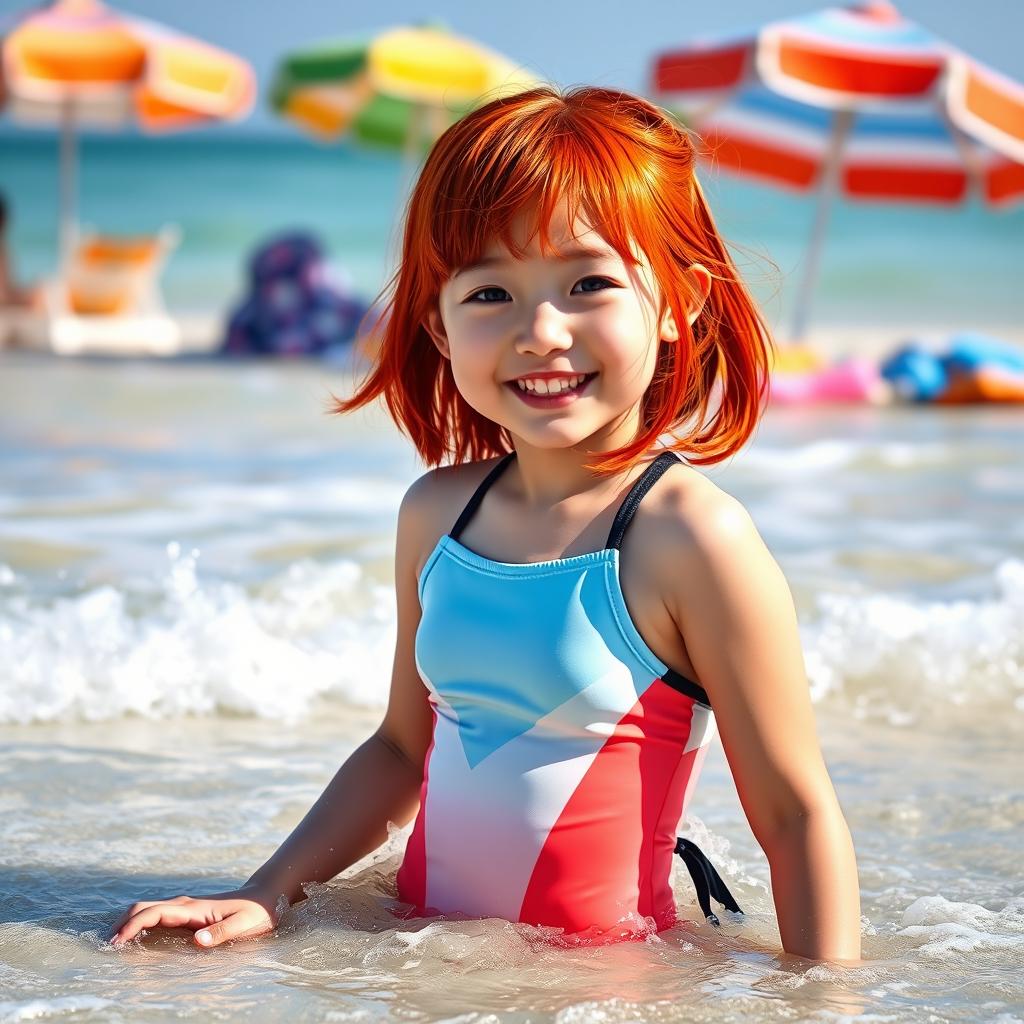 Dive into Style: Korean Girl in Vibrant Red Hair