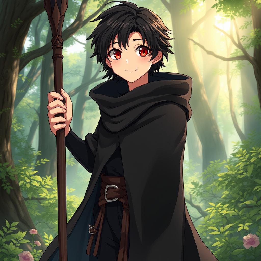 Charming Anime Boy in Black Cloak