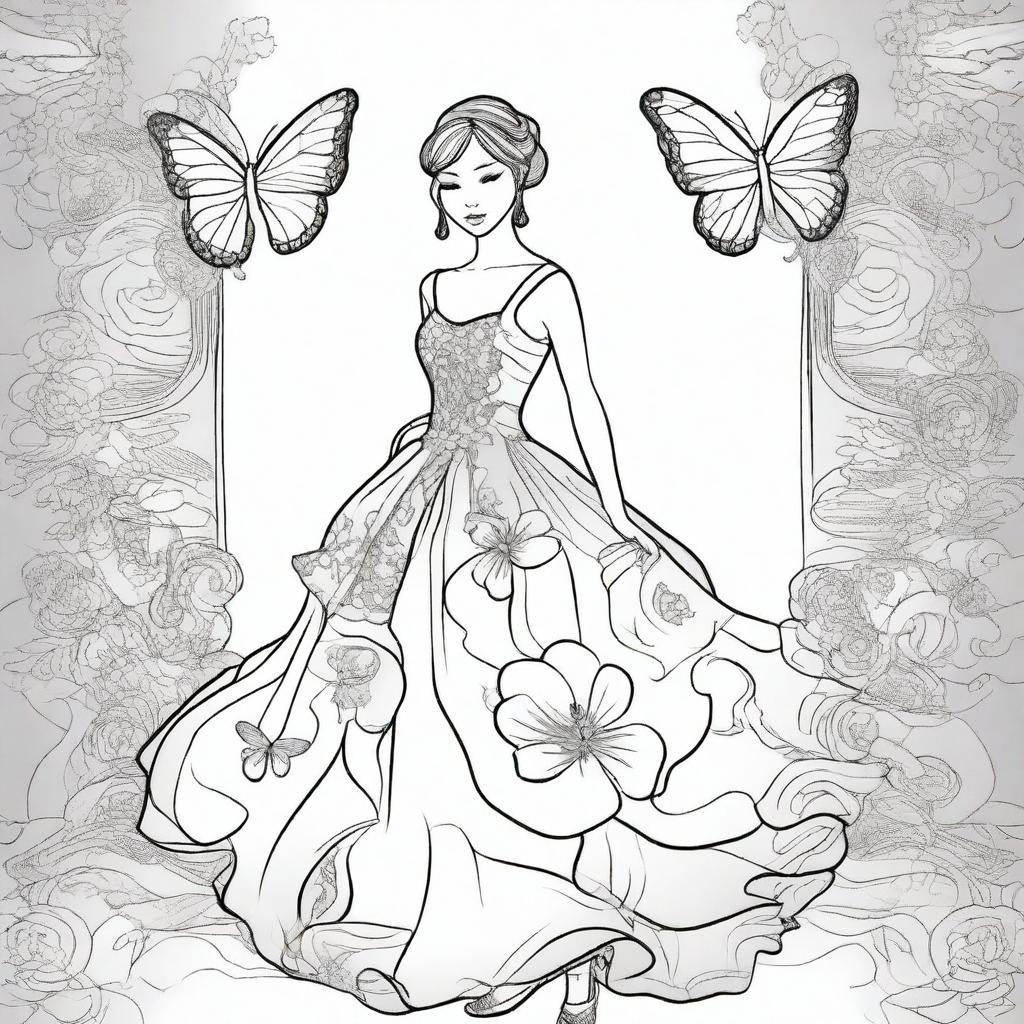 Elegant Butterfly-Inspired Ball Gown Coloring Page