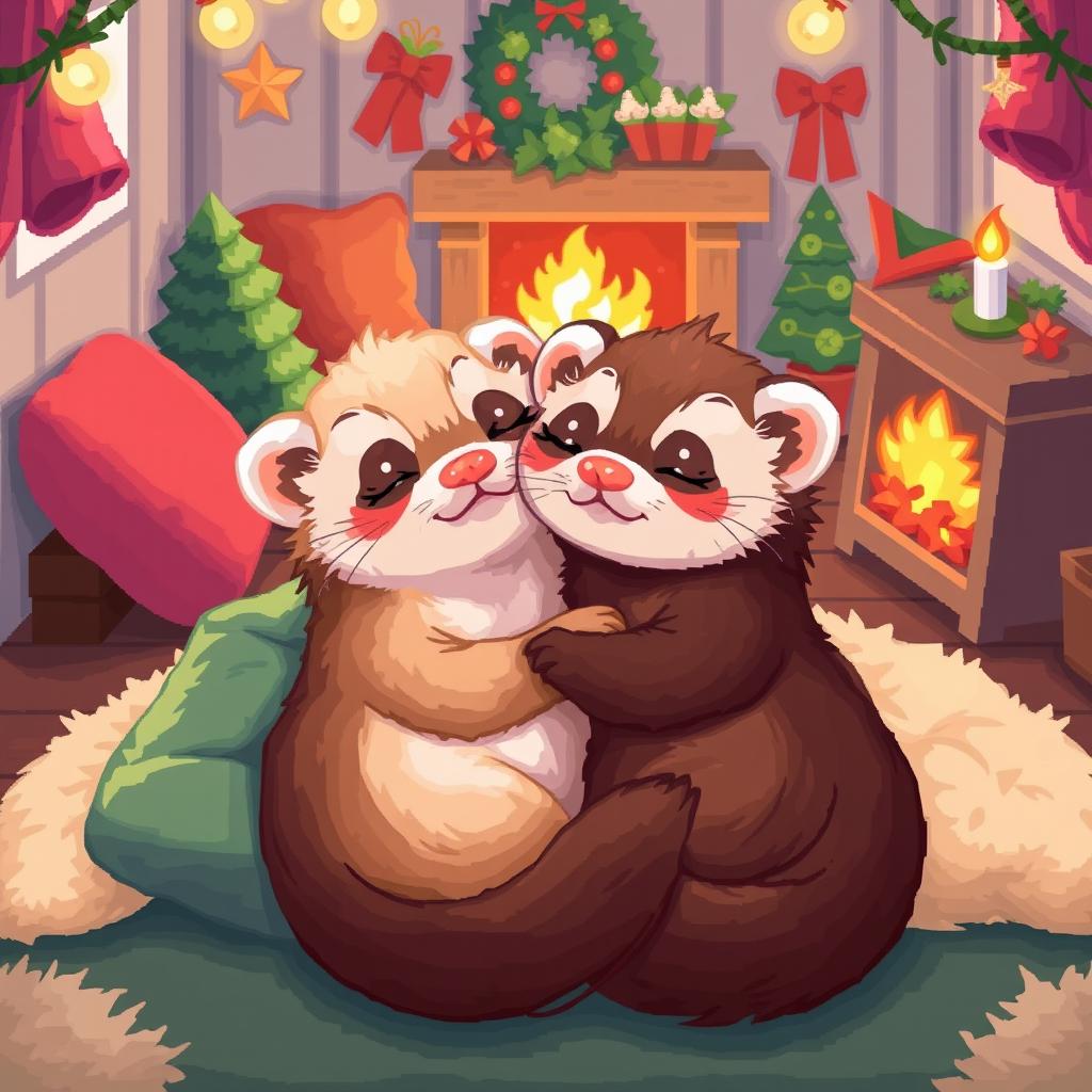 Warm Snuggles: Pixel Art of Loving Ferrets