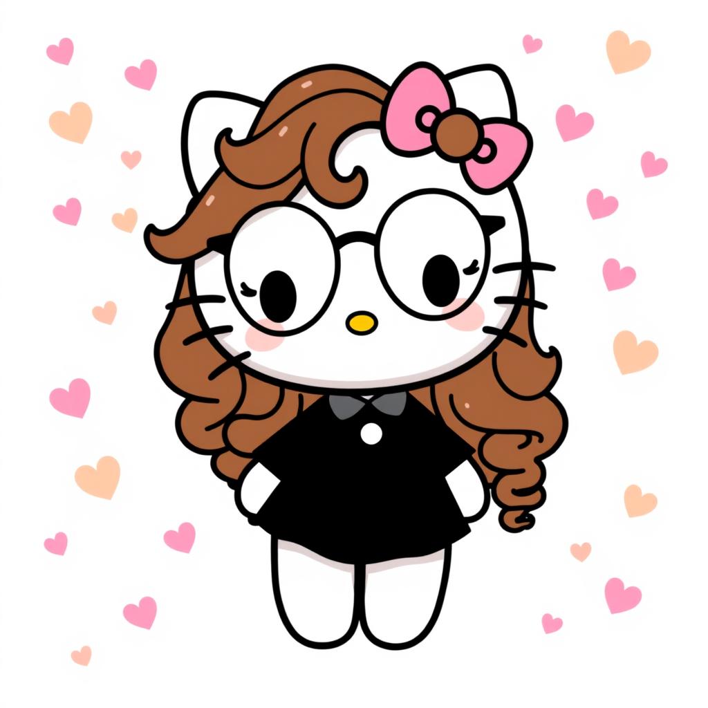 Chic Hello Kitty: Curly Brown Hair & Stylish Dress