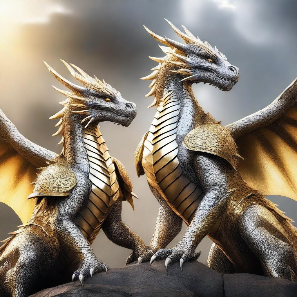 Majestic White and Gold Dragons adorning Grey Armor