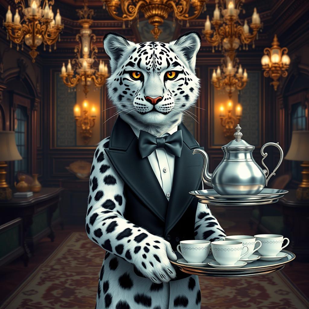 Elegant Snow Leopard Tabaxi Butler in a Lavish Fantasy Realm