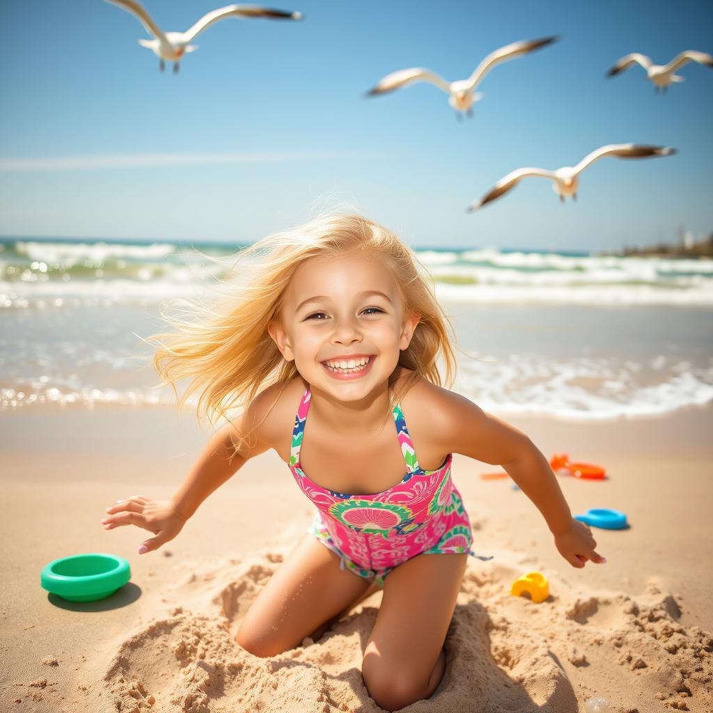 Joyful Beach Day: Playful Blonde Girl