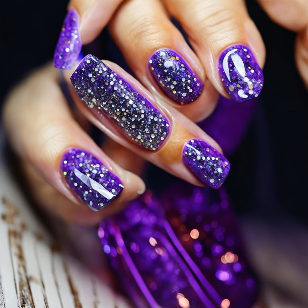 Glamourous Lavender Nails: Close-up of Glitter Adorned Hands