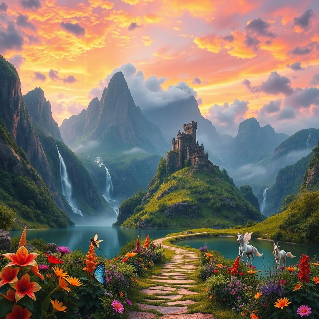 Enchanting Fantasy Landscape: Mountains & Waterfalls