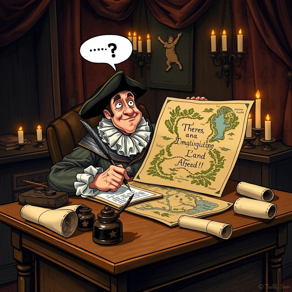 Whimsical 17th-Century Writer at Work