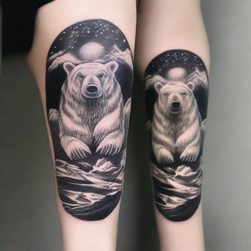 Majestic Polar Bear, Northern Lights, Black & White Tattoo Design