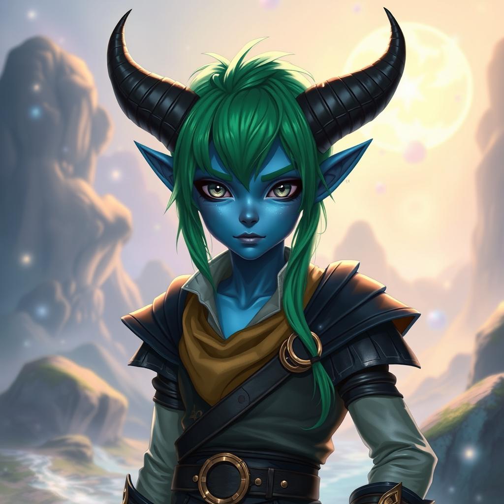 Enchanting Blue Tiefling with Vibrant Green Hair