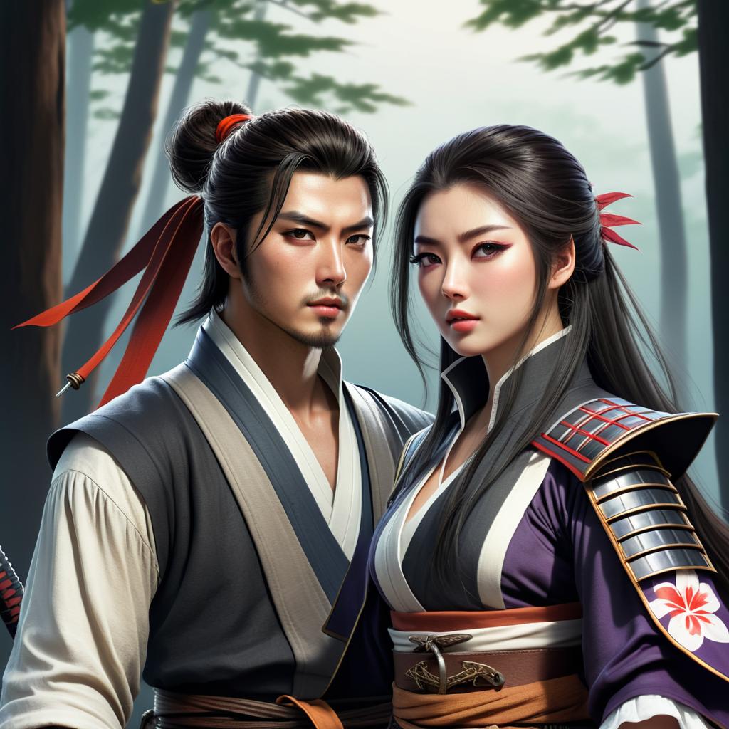 Timeless Love: Samurai & Geisha in a Serene Garden