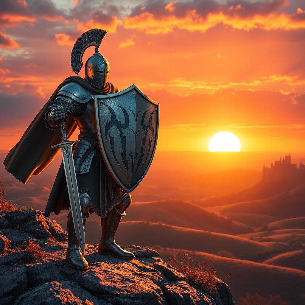 Heroic Knight: Armor & Valor on a Sunset Cliff