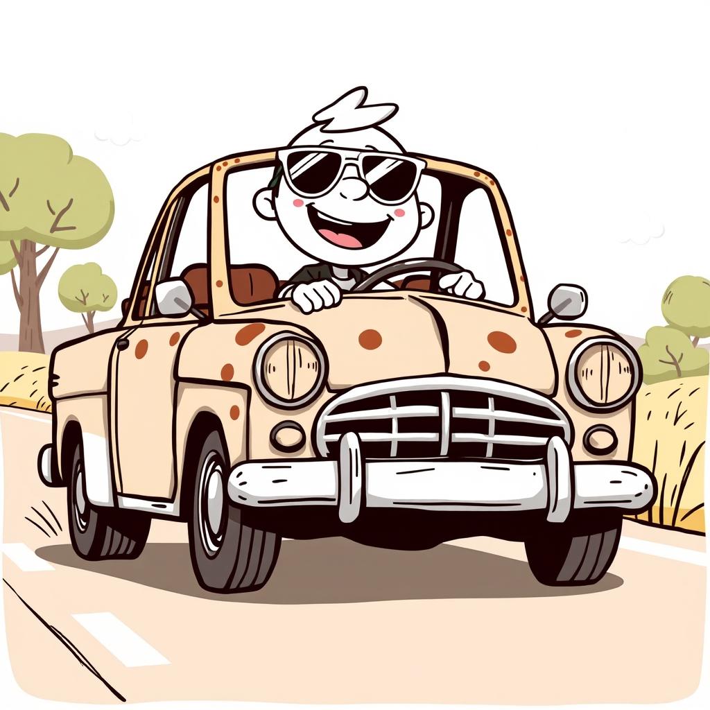 Whimsical Ride: Cartoon Character in a Broken Car