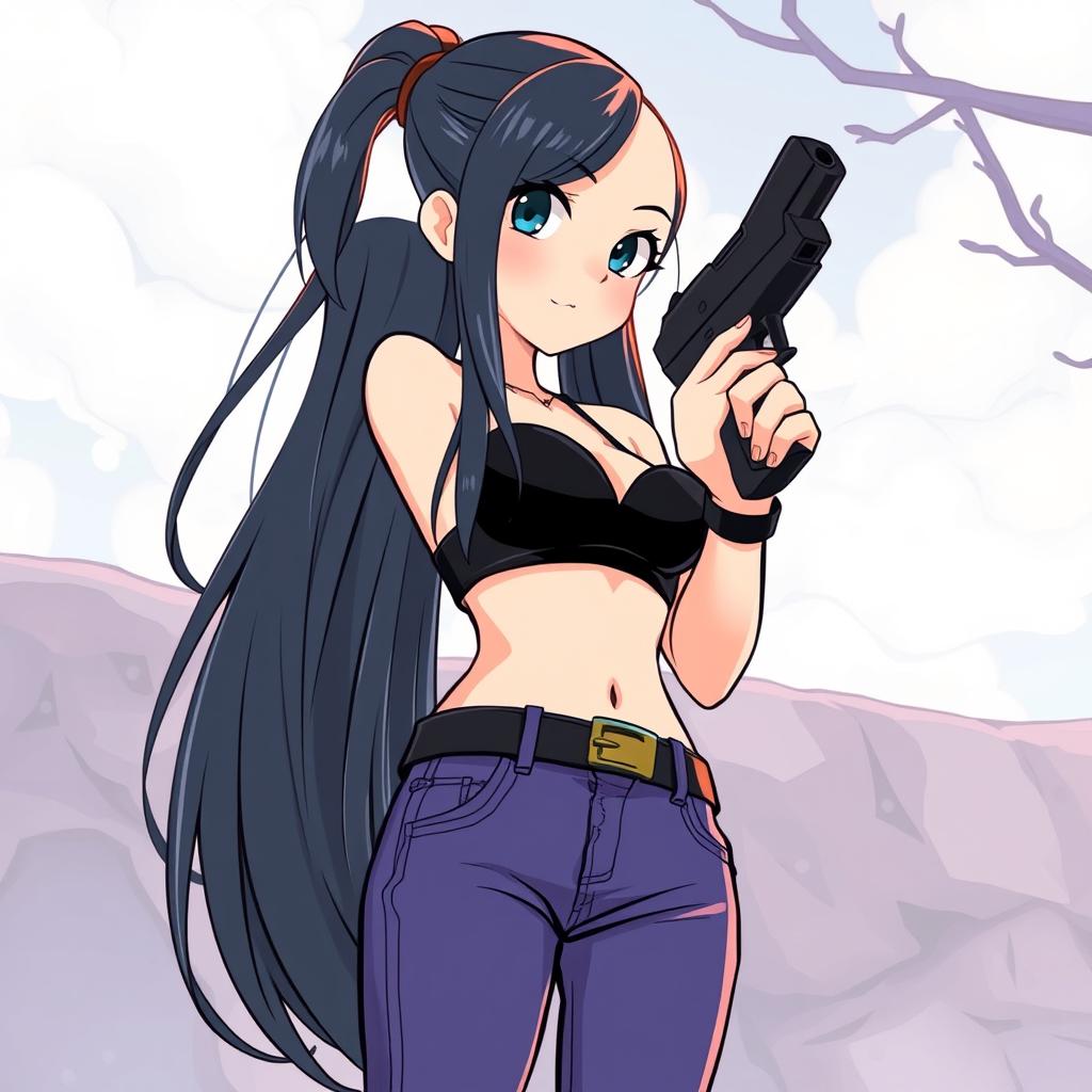 Fearless Fashion: Girl in Black Bra & Jeans with Pistol